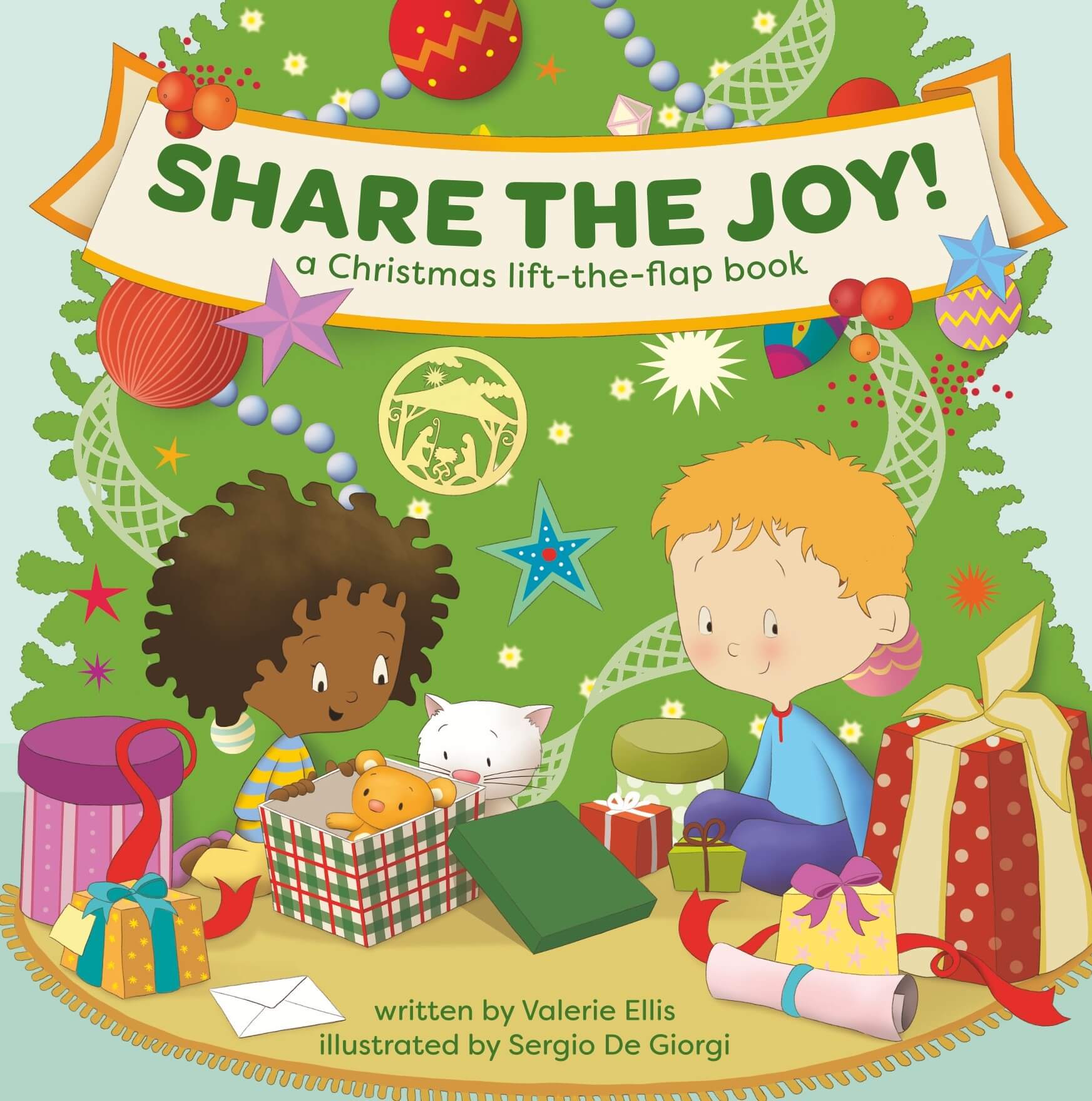 Share the Joy! A Christmas Lift-the-Flap Book - Children's Board Book Cover for Christmas showing two diverse children in front of the Christmas tree smiling and opening gifts - by Valerie Ellis and Sergio De Giorgi
